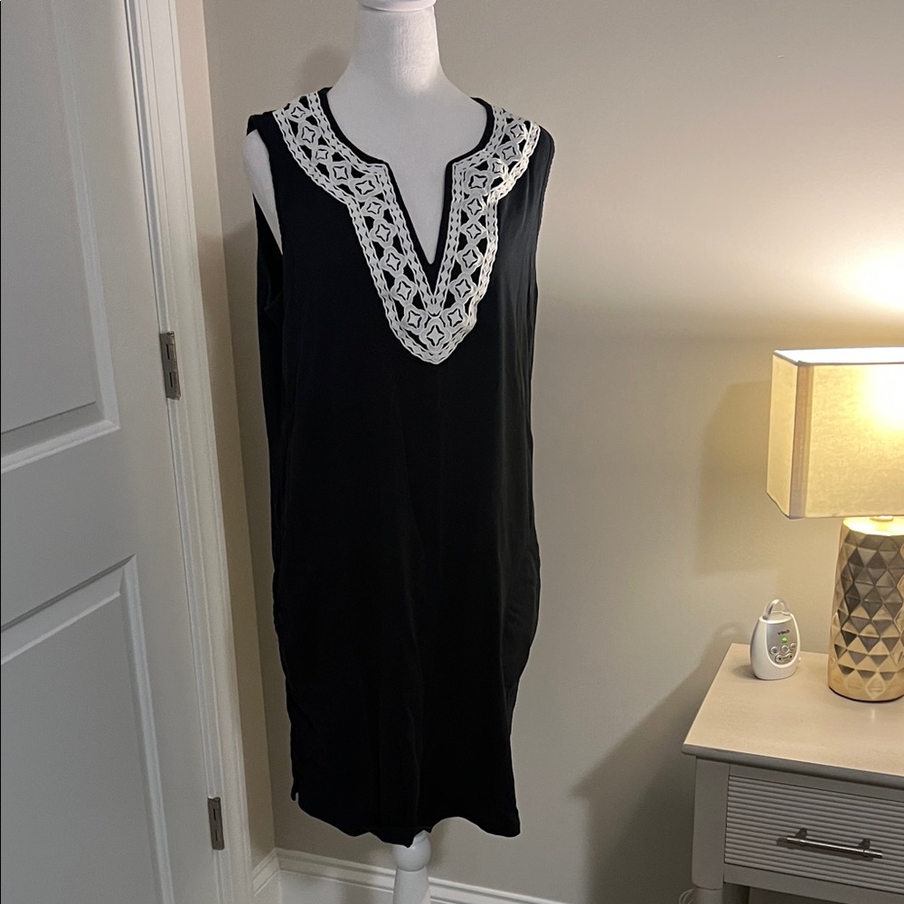 Lands' End Dark Navy Blue  Cover-Up with White Crochet